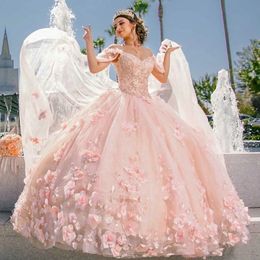 2023 Pink Handmade Flowers Ball Gown Quinceanera Dresses With Cape Off The Shoulder Appliques Lace Vestido De 15 Anos Sweet 16