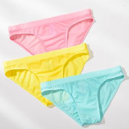 Underpants Men Underwear Ice Silk Solid Color Briefs Sexy Transparent Silky Quick Dry U Bulge Pouch Panties Low Waist Male Cueca