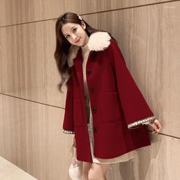 Women's Trench Coats Women's Red Christmas Woolen Coat Women Korean Winter Overcoat Outwear Loose Plus Size Cardigans Long Sleeve