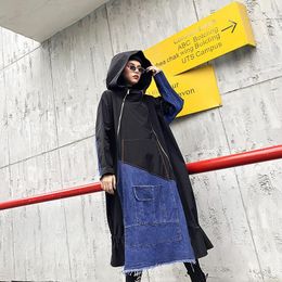 Women's Trench Coats Women's Plus Size 2022 Spring Autumn Windbreaker Coat Women Vintage Loose Denim Stitching Hooded Long M161