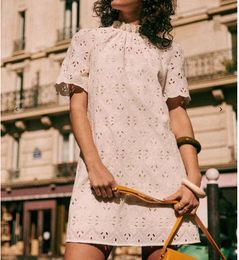 2022 Autumn Short Sleeve Stand Neckline White Dress French Style Solid Color Cotton Embroidery Short Dresses 22S13083