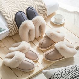 Slippers Luxury Faux Suede Home Women Full Fur Slippers Winter Warm Plush Bedroom NonSlip Couples Shoes Indoor Ladies Furry Slippers 220913