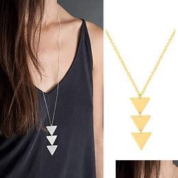 Pendant Necklaces Siler Gold Three Triangle Pendant Necklace Simple Round Disc 75Cm Long Chain Necklaces Jewellery For Women D Lulubaby Dhob3