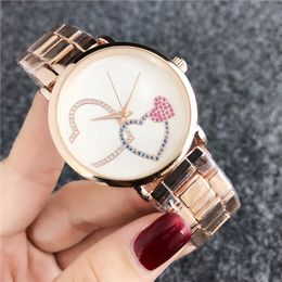 Brand Women Watches Fashion Designer Two heart style Diamond Leisure Ladies Watch Casual Quartz Wristwatch Girl Clock Life Waterproof