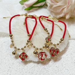 Charm Bracelets Square/Round/Heart/Chinese Character Lucky Bells Pendant Red Rope Chain Women Year Fashion Jewelry YBR605