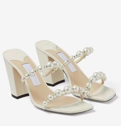 Summer Brands Amara Sandals Shoes For Women Nappa Leather Mules with Pearl Strappy Block Heels Comfort Fashion Slipper Walking EU35-43