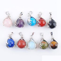 Pendant Necklaces Natural Gemstone Dangle Pendant Hands Palm Reiki Chakra 16Mm Round Ball Beads Stone Amethyst Rose Quartzs Lulubaby Dhbhq