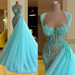 Evening Mermaid Blue Dresses Sleeveless V Neck Appliques Sequins Shiny Sexy Lace Beaded Floor Length Pearls Hollow Celebrity Plus Size Party Gowns Prom Dress