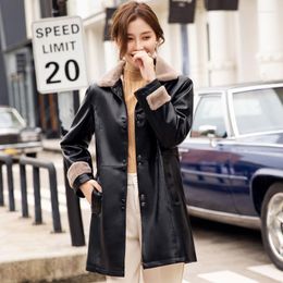 Women's Leather Women's & Faux Winter PU Jackets Thick Warm Lamb Wool Fur Collar Coats Motor Biker Female Outerwear Ladies Clothes Plus