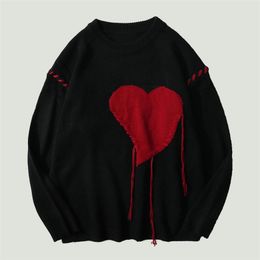 Men s Sweaters Harajuku Heart shape Pattern Tassel Knitted Ugly Men Hip Hop Vintage Casual Loose O Neck College Style Pullover Couples 220913