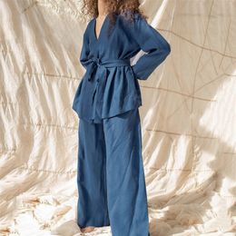 Women's Sleepwear Cotton Linen Women Pajama Robe Sets Lace Up Long Sleeve 2 Pieces Nightgown Tracksuit Casual Trouser Sleepwear Suits 220913