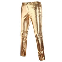 Black PU Leather Men's Casual Trouser silver metallic trousers for Motorcycle Nightclub and Stage Performances