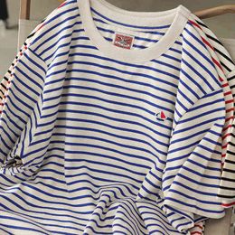 Men's T-Shirts Summer Japanese Retro Heavyweight Short Sleeve Sea-striped T-shirt Men's Fashion 100% Cotton Round Neck Washed Old Casual Tops T220909