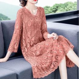 Casual Dresses 2022 Spring Summer Plus Size V-neck Mesh Embroidered Sweet Mom High Waist Long Dress Vestidos Quality Pink