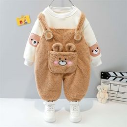 Clothing Sets Children Autumn Winter Longsleeve Set Boys Warm Casual Clothes Baby Girl Sweater Plus Velvet Thick Cartoon Overalls 2Piece 220913