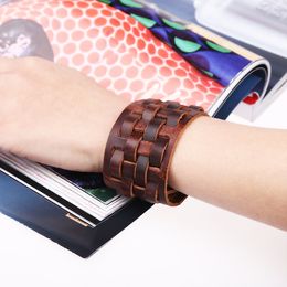 Wide Leather Square Knit Bangle Cuff Button Adjustable Bracelet Wristand for men women Fashion Jewellery