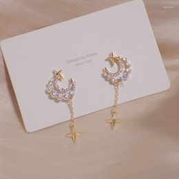 Stud Earrings Korean Trendy Shine Star Moon CZ Earring For Women 14K Real Gold Bling Zircon Tassel Wedding Jewellery Bijoux