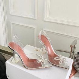 Amina Muaddi Heels Wedding Shoes Dress Luxury Sandals Designer Satin High Bow Crystal-Embellished Buckle Pointed Toe Lady Heel Shoes Pcv Sandal 6Cm 10Cm 7620