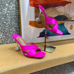 New AQUAZZURA high heeled slippers womens Sandals stiletto mules Diamond ball metal heel 105mm Silk slip-on open toe women Luxury Designers shoes