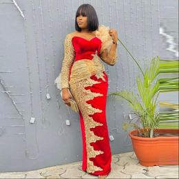 Party Dresses Aso Ebi Red Prom With Gold Lace Appliques Sheer Neck Pleats Long Sleeves Bitthday Gowns Mermaid Evening Dress