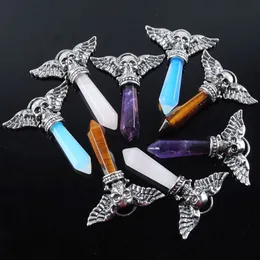 Skull Wings Pendant Pendulum Jewellery Natural Stone Amethyst Opal etc Crystal Pendant Silver Plated Charms Fashion Mens JewelryBN320
