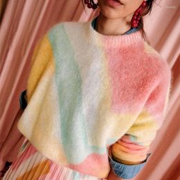 Women's Sweaters Women O-Neck Sweater 2022 Autumn Wool Mohair Blend Colourful Oil Painting Loose Long Sleeve Female Fresh Knitted Pull