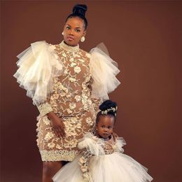 Family Matching Outfits South Africa Style Tulle Dresses Women And Girls Puffy Tiered Ruffles Sleeve Dress 3D Floral Appliques Gown Mother Daughter 220914