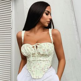 Women's Tanks Floral Corset Women Sweet Print Hollow Up Tie Sexy Crop Top Summer Sleeveless Ruched Boning Bustier Casual Tank