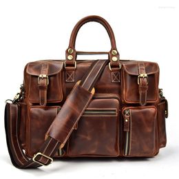 Briefcases Crazy Horse Leather Fashion Business Briefcase Genuine Messenger Bag Male Travel Laptop Document Case Tote Portfolio