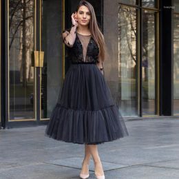 Party Dresses Black Long Sleeves Evening 2022 Sexy Midi Tulle Formal Gowns A Line Prom Dress