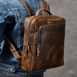 Backpack Brand Designer Men Crazy Horse Genuine Leather Oil Vintage Daypack Multi Pocket Rucksack Handmade Tote Bolsa