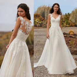 Illusion A Line Wedding Dress 2022 V Neck Sleeveless Lace Applique Bridal Gown Custom Made Country Wedding Dresses