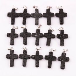 Natural stone Black Lava Stone Cross Charms Aromatherapy Essential Oil Perfume Diffuser Pendant For DIY Necklace