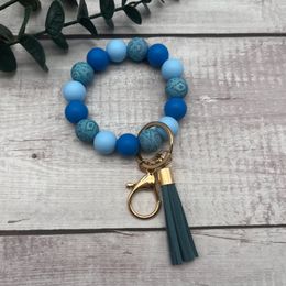 Blue Geometry Printed Silicone Beaded Wristlet Keychain Customised New Product Promotion Women Charm Bracelet Mom Gift