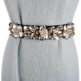 Belts Shine Rhinestone Women High Waist Cummerbunds Flower Elastic Belt