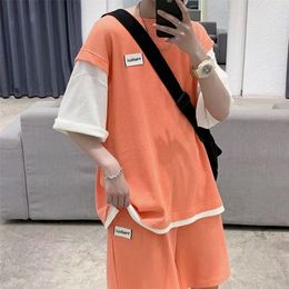 Men's Tracksuits Men Summer Two Piece Loose Tracksuit Short Sleeve Oversized Fake Two T-shirts Men Shorts Set Male Chic Mens Outfits Joggers Set 220914