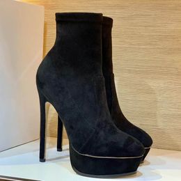 Luxury Designer Women High Heel Short Boots 100% Lambskin Thick Sole Stiletto Round Toe Black Sexy Stretch Boots Winter Boots 35-41