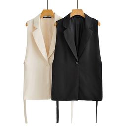 Women's Vests ZXQJ Women Fashion Solid Side Slit One-Button Vest Vintage Suit Collar Sleeveless Outerwear Chic Veste Femme 220913