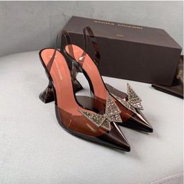 Amina Muaddi Heels Wedding Shoes Dress Luxury Sandals Designer Satin High Bow Crystal-Embellished Buckle Pointed Toe Lady Heel Shoes Pcv Sandal 6Cm 10Cm 9044