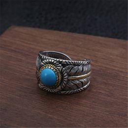 925 Sterling Silver Adjustable Band Ring Feather With Turquoise stones Simple Antique Vintage Handmade Designer Luxury Jewellery accessories gifts