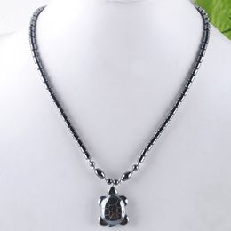 Men Women Lucky Longevity Turtle Pendant Necklace Quality Natural Black Hematite Stone Beads 18" Choker Necklaces Jewellery F3039