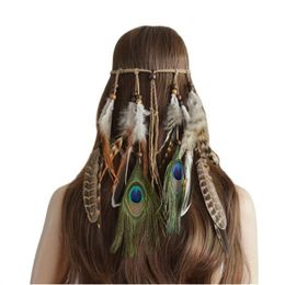 Boho Feather Headband for Woman Festival Hair Accessories Peacock Feather Turban Ladies Adjust Hairband
