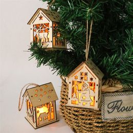 Christmas Decorations Hanging Christmas Wooden House Ornaments Glowing Snowflake Angel Santa Claus Elk Ornaments for Party Indoor Christmas Tree Decor 220914