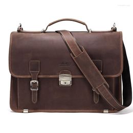 Briefcases Retro Men's Bag Crazy Horse Leather Men Briefcase Laptop For 14 Inch Male Business Shoulder Bags Large Capacity