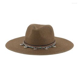 Chapéus largos da borda Sun Hat feminino Big 11cm Solid Khaki Coffee Panamas Beach Protection Belt Homem Caps Straw Sombreros de Mujer