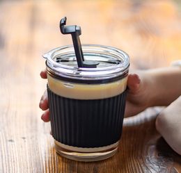 350ML 450ML Glass Mugs straw milk coffee cup with lid cold brew tea water Silicone Water