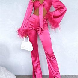 Women's Two Piece Pants Sexy Feather Crop Tops And Split Trousers Two Piece Sets Women Fashion Flare Long Sleeve Tie Up Blouse High Waist Pants Suits 220913