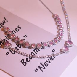 Sweet Pink Heart Zircon Choker Necklace for Women Girls Elegant Crystal Wedding Party Chain Collares Jewelry