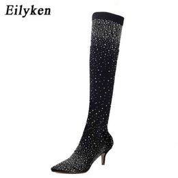 Boots Eilyken Design Crystal Rhinestone Stretch Fabric Sexy High Heels Sock Over the Knee Boots Pointed Toe Pole Dancing Women Shoes 220913