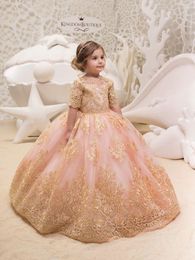 Girl Dresses Luxury Flower Appliques Tulle Bow Ball Gown Half Sleeves Boho Princess Birthday Party Dress